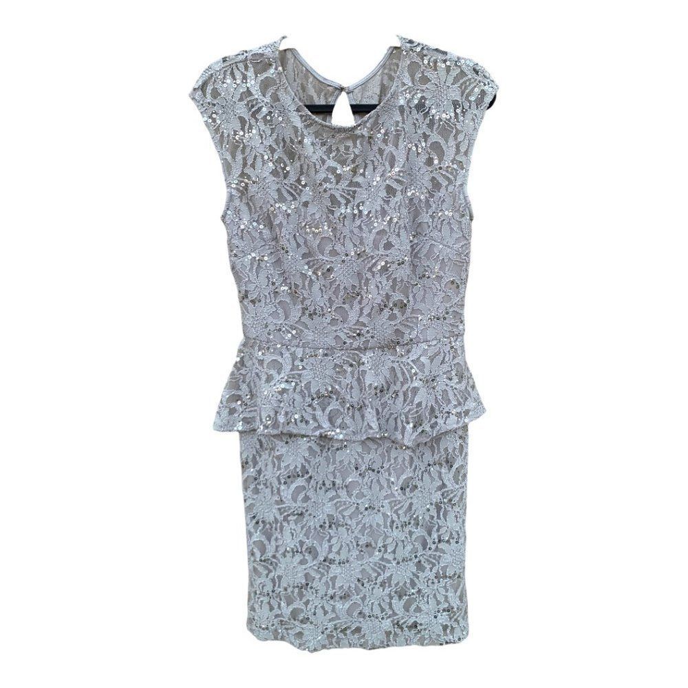 ONYX NITE ladies silver lace sequin peplum top sleeveless cocktail dress size 8
